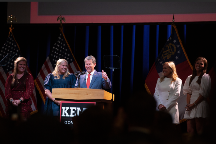 Gov. Brian Kemp celebrates his reelection win over Stacey Abrams late Nov. 8, 2022.