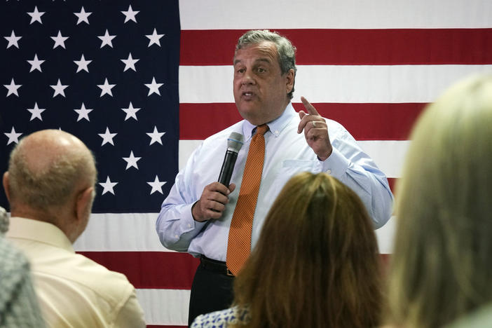 Republican presidential candidate former New Jersey Gov. Chris Christie addresses a gathering during a campaign event at V.F.W. Post 1631, Monday, July 24, 2023, in Concord, N.H. (AP Photo/Charles Krupa)