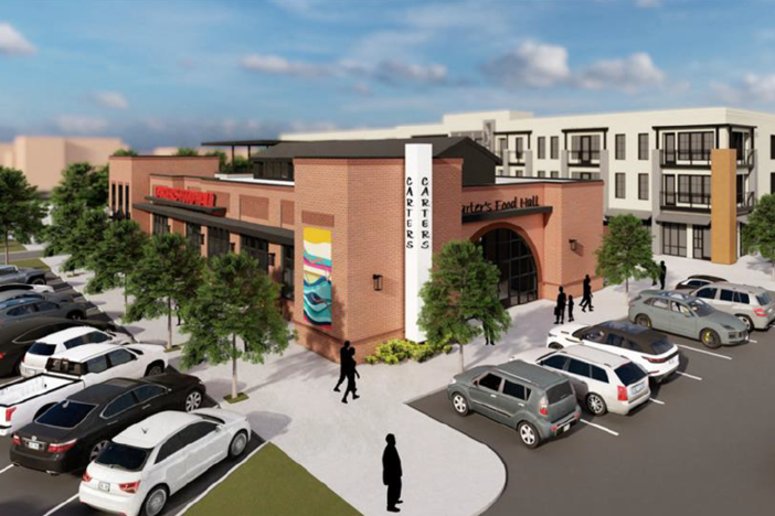 An architectural rendering shows two buildings, one retail and one residential, surrounded by parked cars.  The retail building has a sign that says "Carter's Food Hall."