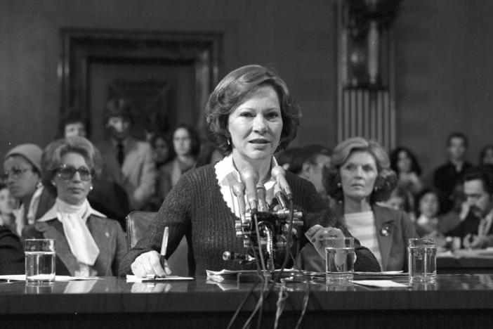 Rosalynn Carter testifies on behalf of the President’s Commission on Mental Health before the Senate Subcommittee on Health and Scientific Research of the Committee on Labor and Human Resources on February 7, 1979. She was the second first lady to appear before Congress.