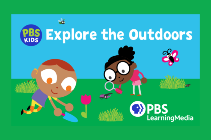 Two kids are exploring the outdoors. One is gardening. The other is examining an insect.