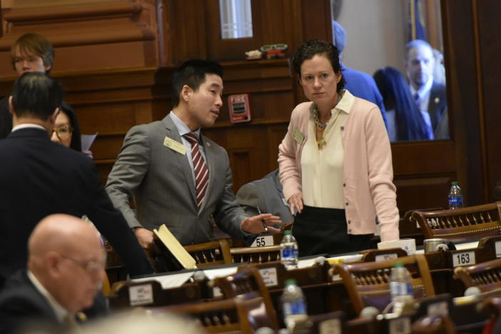 Rep. Anne Allen Westbrook talks to Minority Caucus Whip Sam Park during the 2024 legislative session. Westbrook’s home is 228 miles away in Savannah. 