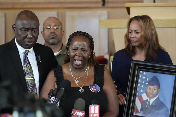 Chantemekki Fortson, mother of slain Roger Fortson, a U.S. Air Force senior airman, speaks during a news conference with attorney Ben Crump, left, on Monday, June 3, 2024, in Atlanta.
