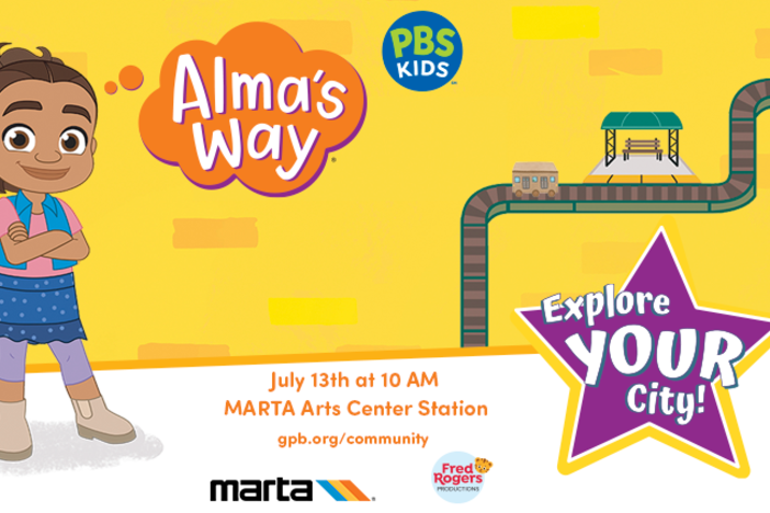 Yellow brick background with a toy train track on the right. A cartoon figure of a girl smiling with her hands crossed and an orange thought bubble that says "Alma's Way"