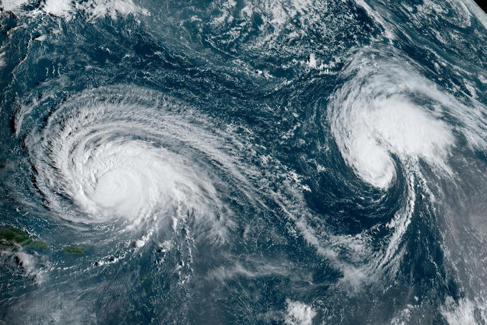 Hurricane Lee (left) and Tropical Storm Margot, as seen from a NOAA satellite on Sept. 11, 2023.