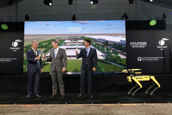 Gov. Brian Kemp (center) with officials from Hyundai Motor Group at the 2022 groundbreaking of the Korean automaker’s electric vehicle manufacturing plant in Bryan County. (Capitol Beat News)