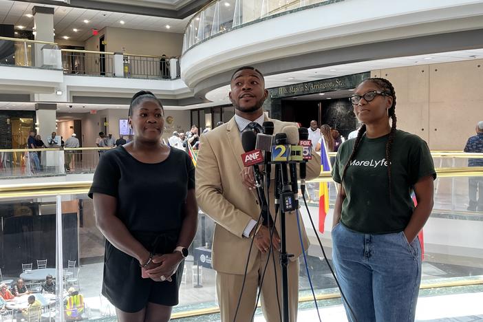 Rev. Keyanna Jones, Black Futurist Managing Director Devon Barrington and MoreLyfe Juice Co. owner Trinket Lewis spoke outside the Atlanta City Council meeting on June 3, 2024, to express their concerns over lost revenues resulting from the weekend's water main breaks.