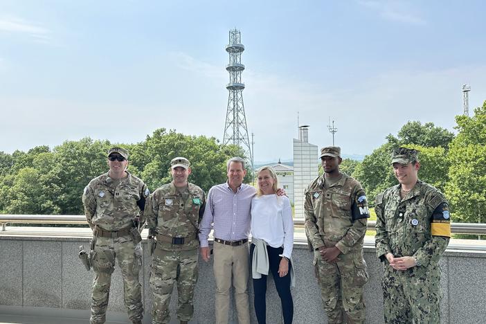 Georgia Gov. Brian Kemp and first lady Marty Kemp are pictured with U.S. military personnel at the DMZ on Wed., June 13, 2024.