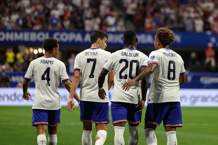 U.S. Men's National Team members are shown on the field during the Copa America soccer tournament at Mercedes-Benz Stadium on June 27, 2024.