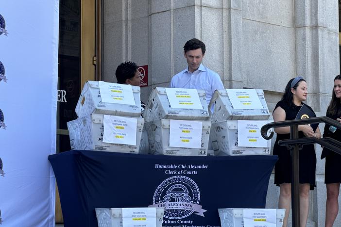 Sen. Jon Ossoff at the Fulton County Courthouse on June 25 for a press conference to discuss to continued USPS mail delays.