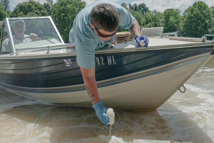 Ashley Desensi, Technical Programs Specialist for the Chattahoochee Riverkeeper taking samples of E.Coli bacteria at the wastewater treatment plant outfall in Chattahoochee River on June 4, 2024. Chattahoochee Riverkeeper