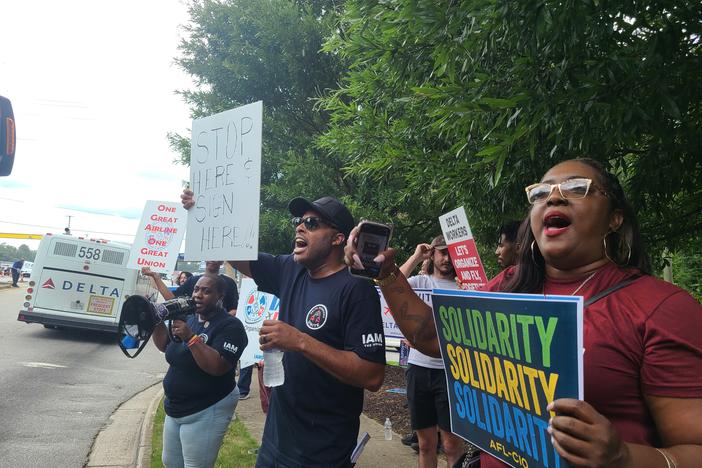 Delta ramp workers and their supporters rallied near Hartsfield Jackson on July 17, 2024 as part of a larger push for unionization.