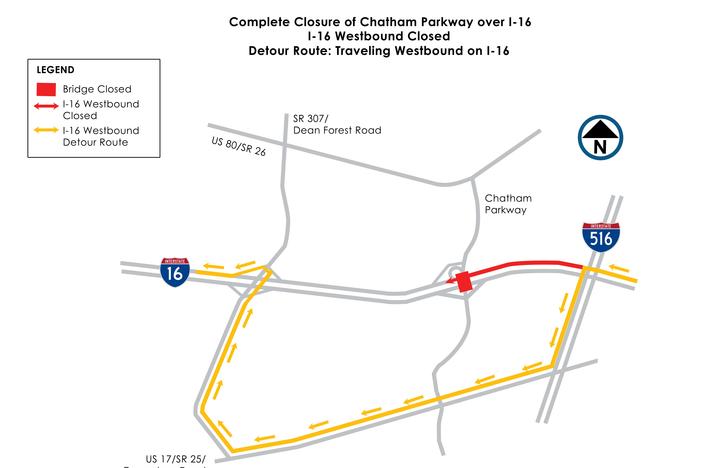 A map of detour from closed Chatham Parkway bridge
