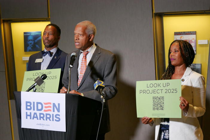  Congressman Hank Johnson (center) and state lawmakers Derrick Jackson and Sonya Halpern held a press conference Wednesday to condemn Project 2025, which is the conservative Heritage Foundation’s controversial presidential transition plan. Jill Nolin/Georgia Recorder
