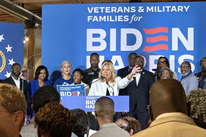  First lady Jill Biden speaks to supporters in Columbus on Monday as part of a three-stop swing in battleground states to launch Veterans and Military Families for Biden-Harris. Jill Nolin/Georgia Recorder
