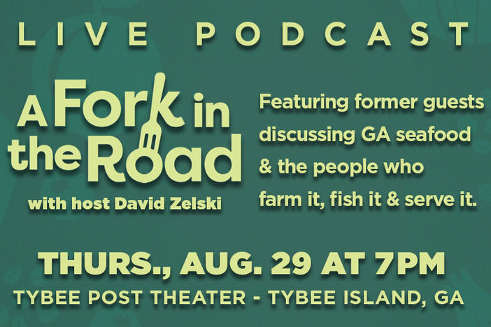 Green background with yellow text saying Fork in the Road Live Podcast