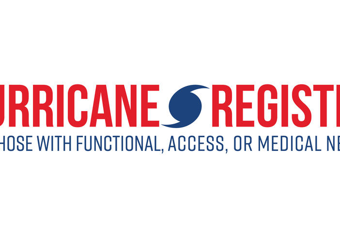 Graphic text reading "hurricane registry" on the top line and "for those with functional, access, or medical needs" on the bottom line. A hurricane symbol is between the words "hurricane" and "registry."