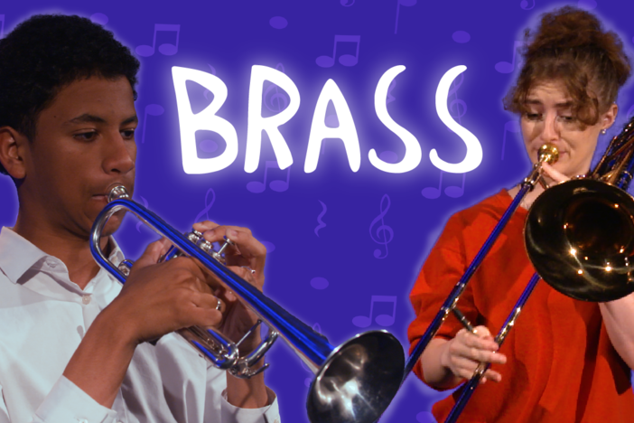 Brass text over purple backdrop and two teens playing instruments 