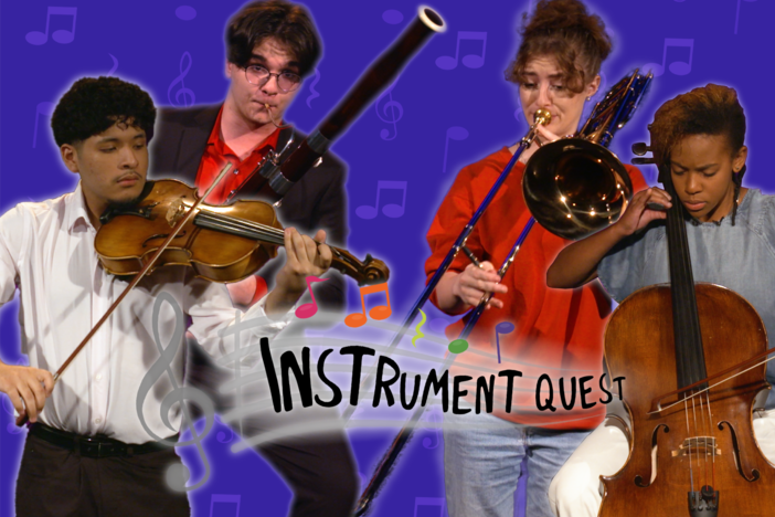 Instrument Quest over a blue background with various teens playing instruments