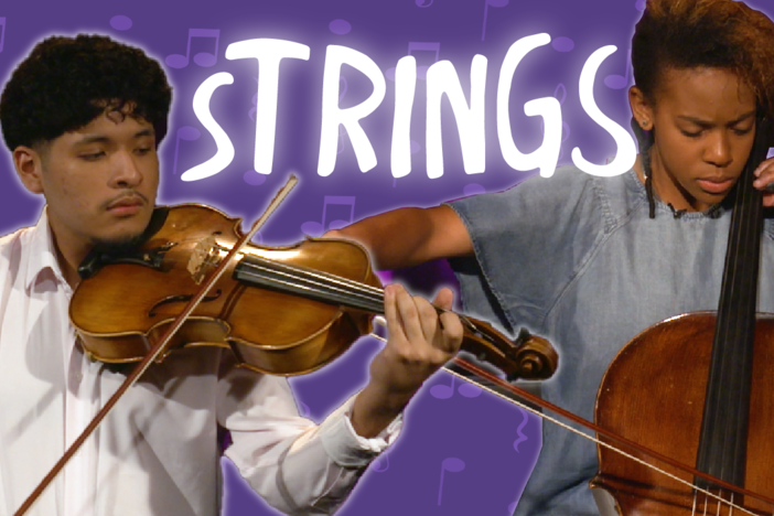 Strings text over purple background with musicians 