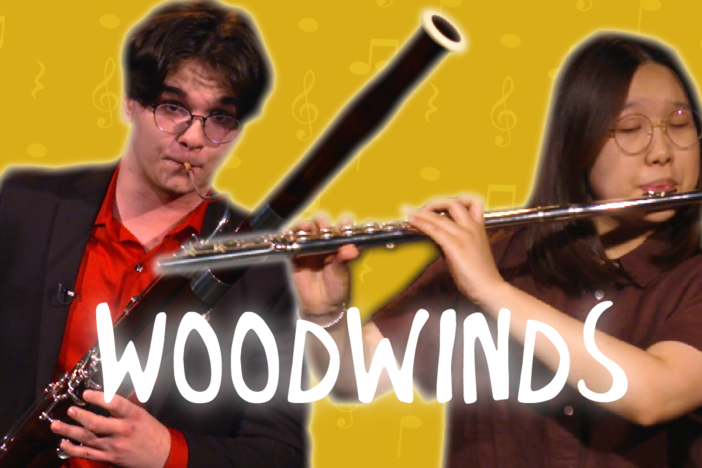 Woodwinds text over yellow background and students playing different woodwind instruments