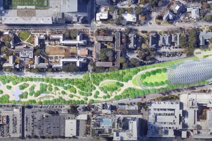 An illustration of the connector park in Midtown between North Avenue, at left, and 5th Street. The silver oval at 5th Street is of the proposed performance venue. (Image courtesy Atlanta Connector Park)