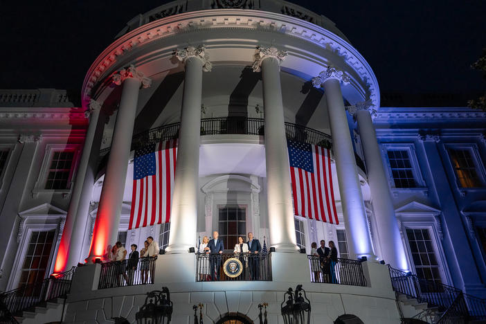 President Joe Biden, first lady Jill Biden, Vice President Kamala Harris and second gentleman Doug Emhoff view a Fourth of July fireworks display over the National Mall from the Blue Room Balcony, Thursday, July 4, 2024, at the White House. (Official White House Photo by Erin Scott)