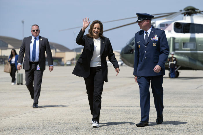 Democratic presidential nominee Vice President Kamala Harris boards Air Force Two at Joint Base Andrews, Md., Wednesday, Aug. 28, 2024, as she travels to Savannah, Ga., for a two-day campaign bus tour. 