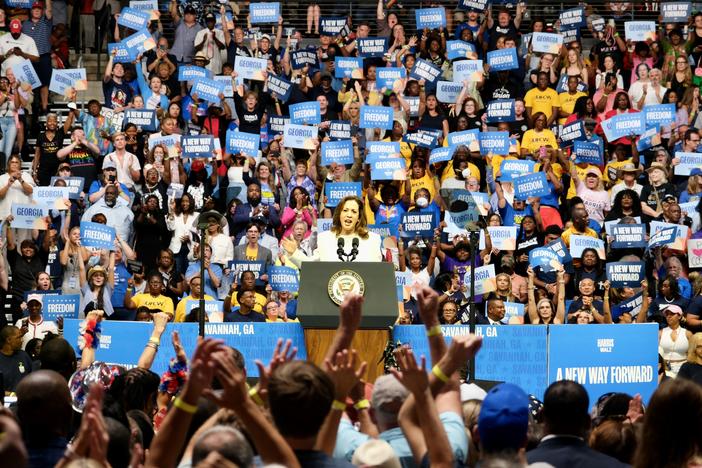 Vice President Kamala Harris speaks at a campaign rally at Enmarket Arena in Savannah on Aug. 29, 2024.