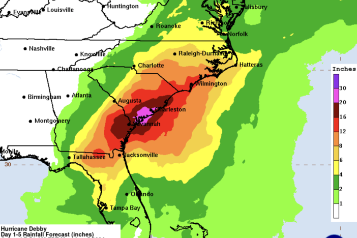 NOAA forecast: Hurricane Debby could dump up to 30 inches of rain along the coastlines of Georgia and South Carolina through Friday, Aug. 9, 2024