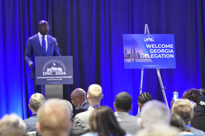 Sen. Raphael Warnock speaks to Georgia delegates at the 2024 Democratic National Convention in Chicago. Ross Williams/Georgia Recorder