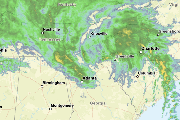 Helene moved across Georgia in the overnight hours Thursday and is expected to exit the state by noon on Friday, Sept. 27, 2024. A satellite radar image shows the storm in North Georgia at 8 a.m. Friday.