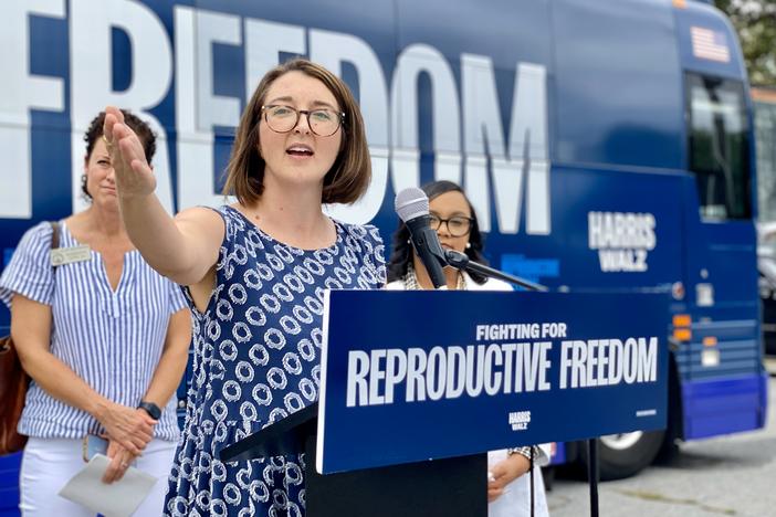 Savannah resident Callie Beale speaks at an abortion rights rally in Savannah held by the presidential campaign of Vice President Kamala Harris on Sept. 5, 2024.