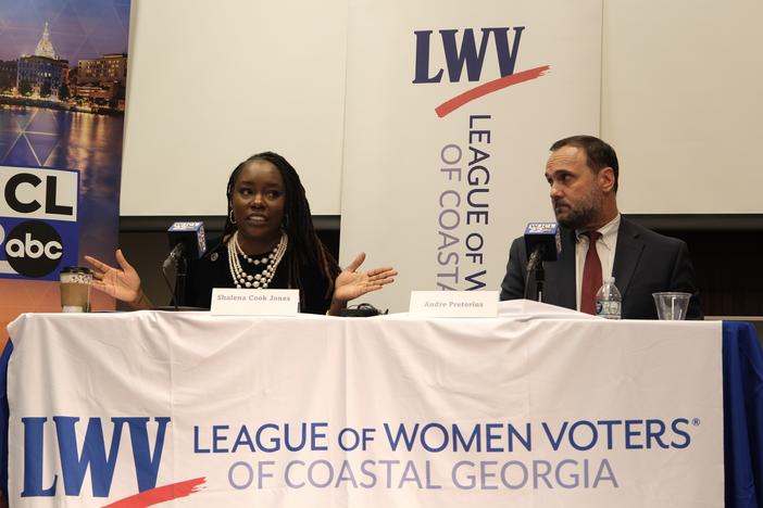 Chatham County District Attorney Shalena Cook Jones speaks during a voters' forum next to Republican challenger Andre Pretorius at the Coastal Georgia Center in Savannah on Sept. 16, 2024.