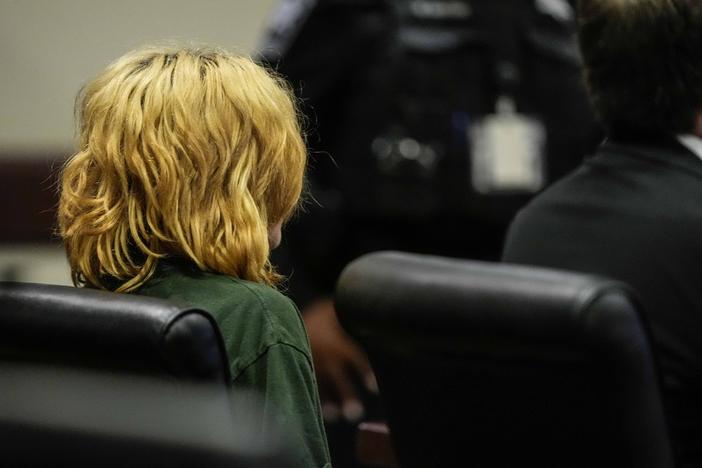 Colt Gray, charged as an adult with four counts of murder, sits in the Barrow County courthouse during his first appearance for the Wednesday shooting at Apalachee High School, Friday, Sept. 6, 2024, in Winder, Ga. 