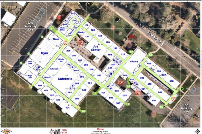 At left, a simulated school building's map rendered by Critical Response Group uses grid navigation and a standardized orientation of north facing up. At right, a traditional architectural blueprint of the same building shows what school districts without critical incident mapping use during emergencies.