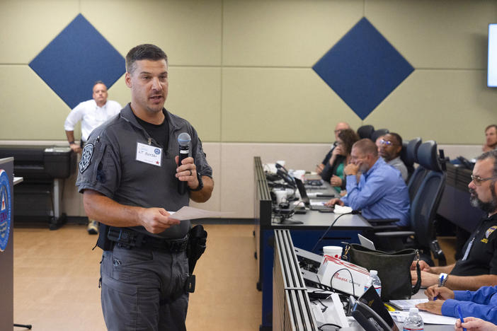 Lt. Shaun Gorski with the Cobb County Sheriff's Department, speaks during an election security training session at Cobb County Emergency Management headquarters, Aug. 23, 2024, in Marietta, Ga.