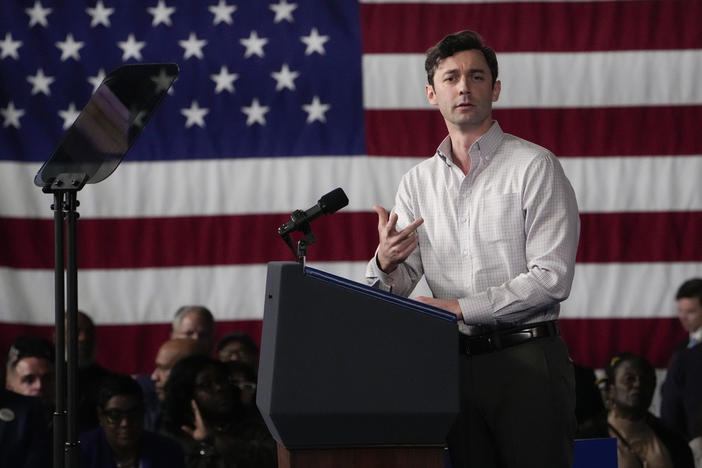 Sen. Jon Ossoff, D-Ga., speaks before President Joe Biden at a campaign rally Saturday, March 9, 2024, at Pullman Yards in Atlanta. 