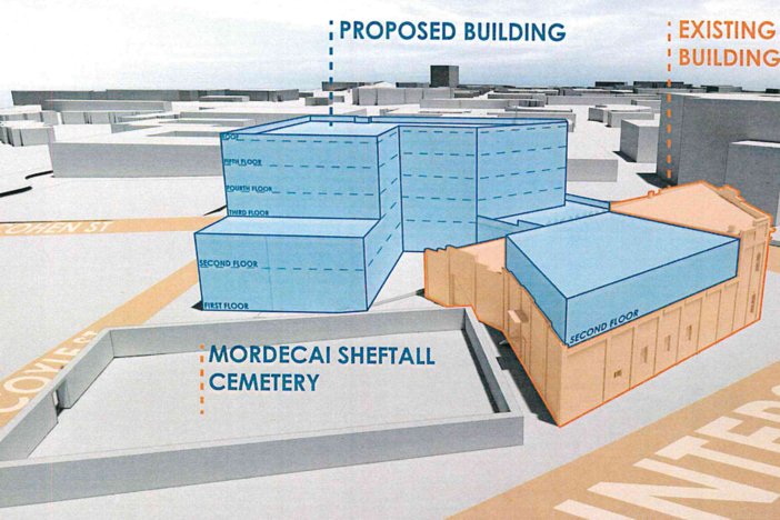 A rendering of the future Savannah Station Hotel near Interstate 16 west of downtown is shown in blue, with the orange building depicting the current Savannah Station event space. The Mordecai Sheftall Cemetery is directly adjacent. The Levi Sheftall Cemetery, not shown in the rendering, is located on the other side of Cohen Street.