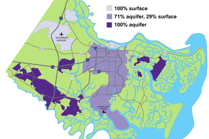 The map shows the source of water delivered by the city of Savannah in Chatham County. Adapted from Savannah Water Resources Credit: Maggie Lee/The CurrentGA