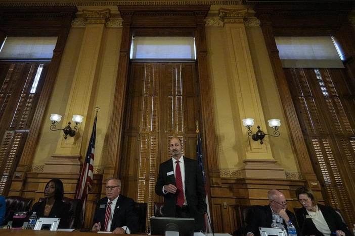 Georgia's State Election Board members discuss proposals for election rule changes at the state capitol, Friday, Sept. 20, 2024, in Atlanta. 