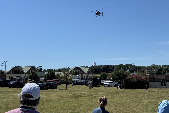 A lifeflight helicopter takes off for Atlanta from Apalachee High School in Barrow County, Georgia on Wednesday, September 4, 2024.