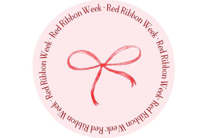 A circle of repeating text that says "Red Ribbon Week" encapsulates the double-looped red ribbon.