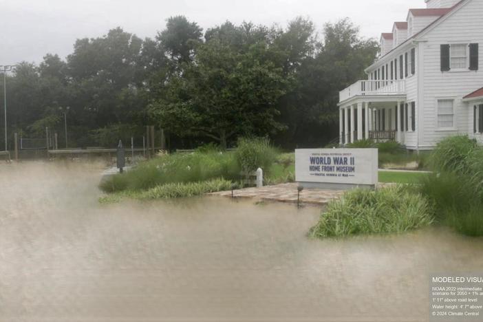 A FloodVision rendering of a 1% annual chance flood in 2050 at the World War II Home Front Museum on St. Simons Island.