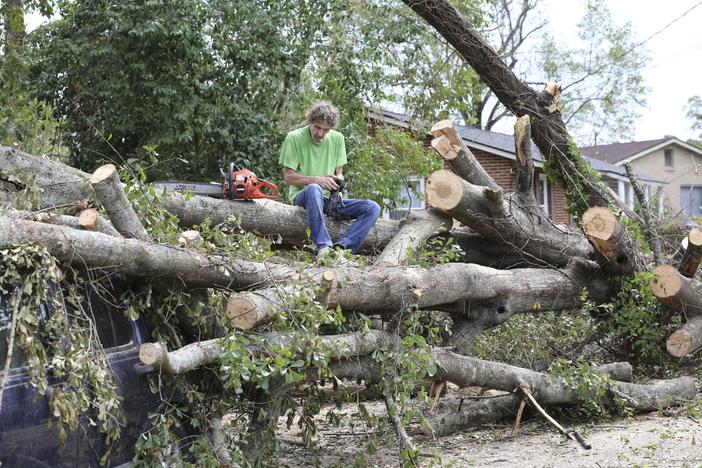 Andy Brown takes a break on top of what remains of a tree that destroyed his SUV when it fell during Hurricane Helene on in Augusta, Ga., Tuesday, Oct. 1, 2024. 