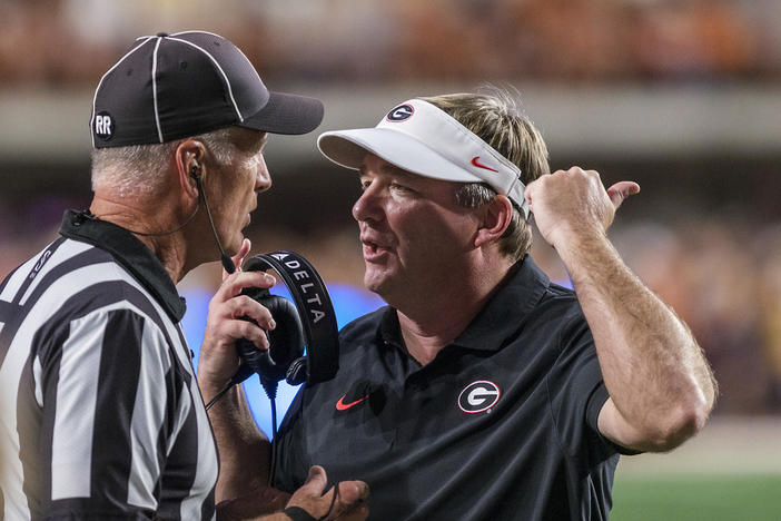 Georgia head coach Kirby Smart argues with an official during a timeout against Texas in the first half of an NCAA college football game held in Austin, Texas, Saturday, Oct. 19, 2024. 