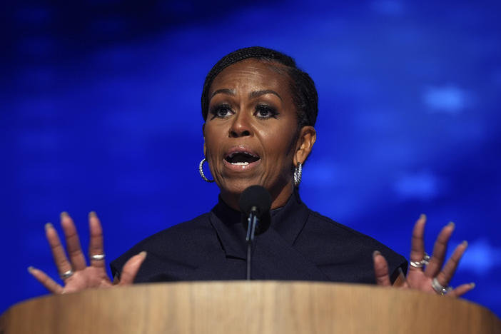 Former first lady Michelle Obama speaks during the Democratic National Convention Aug. 20, 2024, in Chicago. 