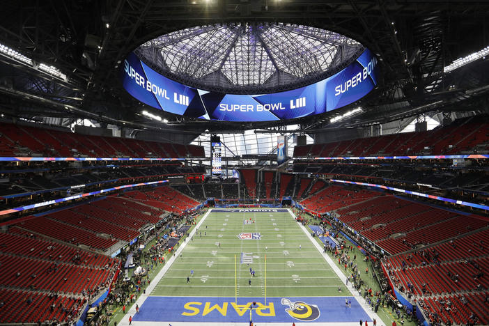 The Mercedes-Benz Stadium is prepared ahead of the NFL Super Bowl 53 football game between the Los Angeles Rams and the New England Patriots Sunday, Feb. 3, 2019, in Atlanta.