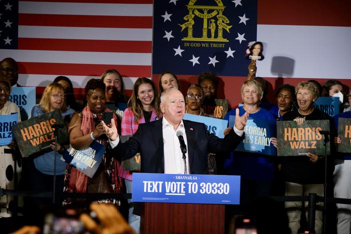 Democratic vice presidential nominee Tim Walz speaks during a campaign rally in Savannah on Tuesday, Oct. 29, 2024.