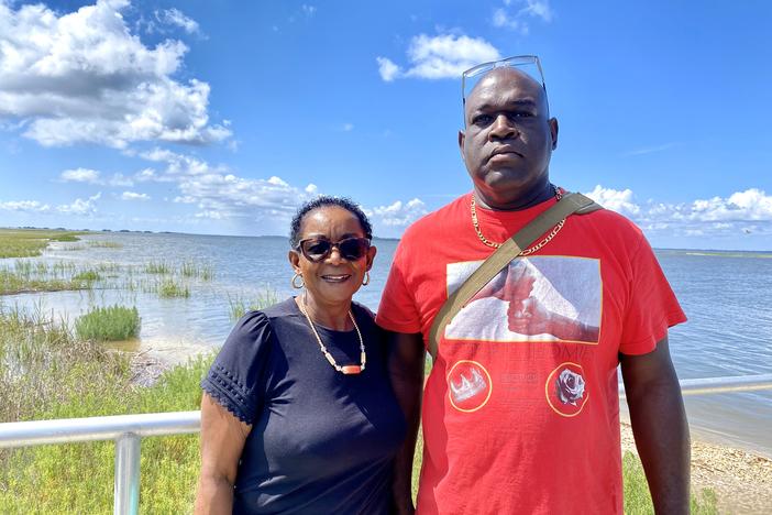 Yvonne Grovner and her son JR Grovner at the Sapelo Island dock.